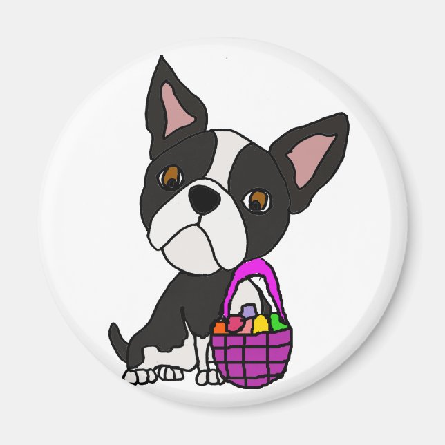 Imã Engraçado Boston Terrier Dog com Páscoa Basket (Frente)