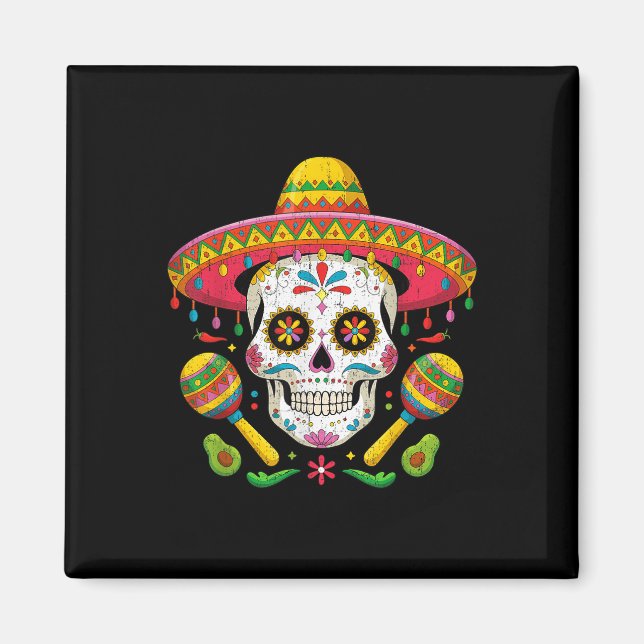Imã Engraçado Cinco De Mayo Engraçado Crânio Com Chapé (Frente)