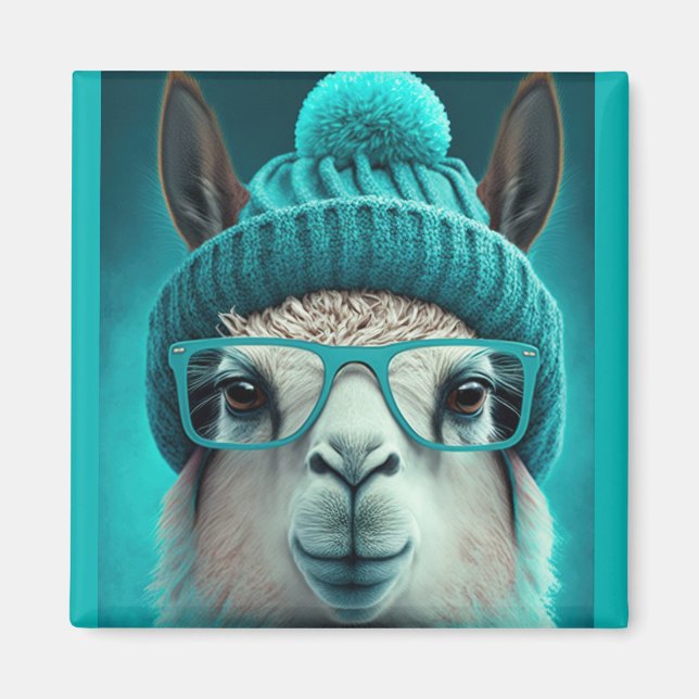 Imã Engraçado Llama Alpaca Cute Animal Beanie Hat Glas (Frente)