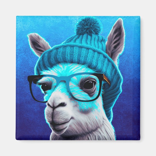 Imã Engraçado Llama Alpaca Cute Animal Beanie Hat Glas (Frente)