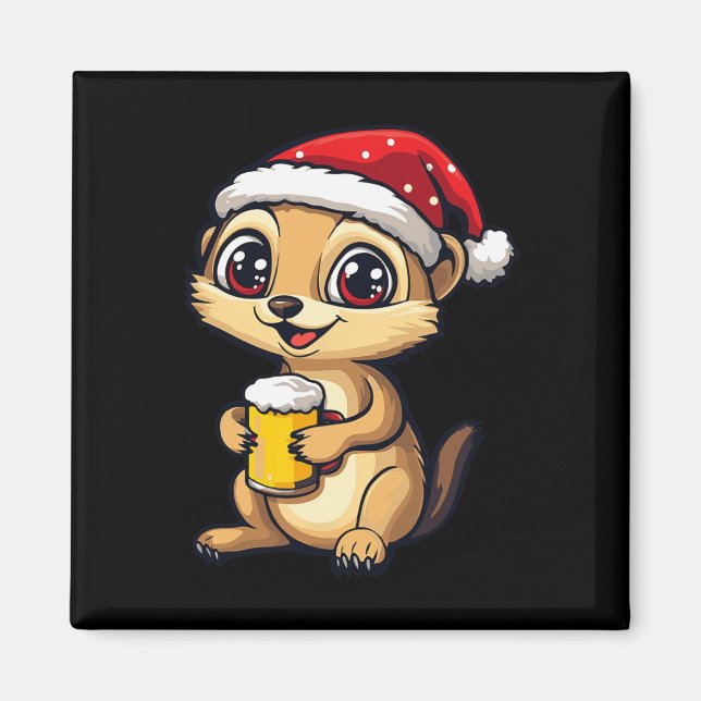 Imã Engraçado Meerkat De Natal Com Bicho De Cerveja (Frente)