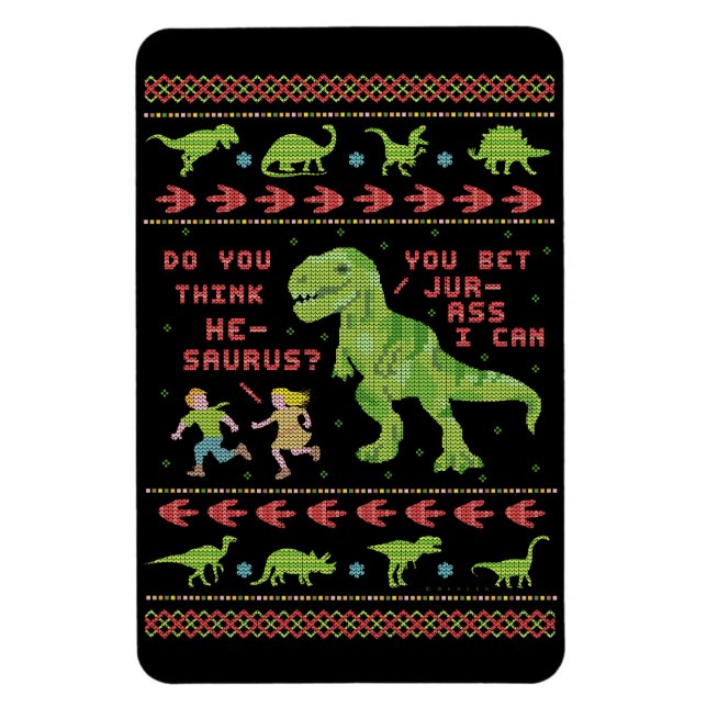 Ímã Engraçado Natal T Rex Dinossaur Humor Faux Knit (Vertical)