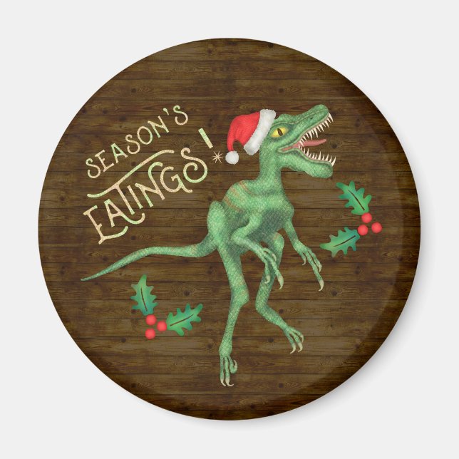 Imã Engraçado Velociraptor Dinossauro Comida de Natal (Frente)
