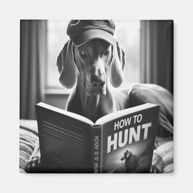 Imã Engraçado Weimaraner lendo um livro sobre como caç (Frente)