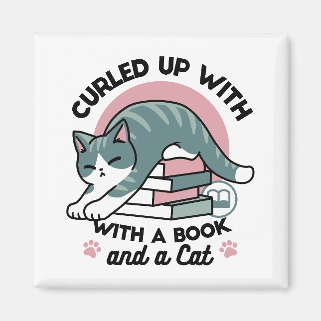Imã Enrolados com um Livro e um Gato - Leitura de Gato (Frente)