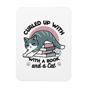 Ímã Enrolados com um Livro e um Gato - Leitura de Gato