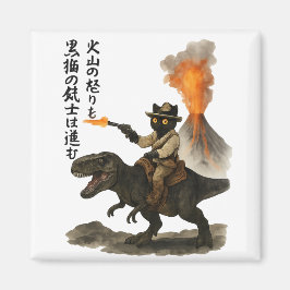 Imã Epic Black Cat Cowboy Riding Dinosaur with Volcano