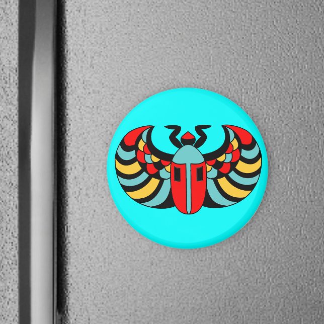 Imã Escaravelho Egípcio (Abstract Scarab beetle with colourful markings on aqua blue round magnet.)