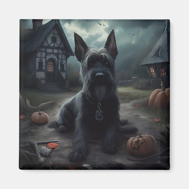 Imã Escocês Terrier Pumpkins Halloween Scary (Frente)