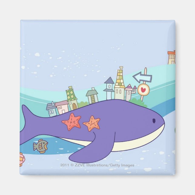 Imã Escola de peixes nadando na cidade submarina (Frente)