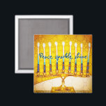 Imã Escuro Amarelo da Paz Shine Script Hanukkah Menora<br><div class="desc">"Paz, brilho." Uma fotografia de perto de uma menorah brilhante, colorida, amarela e dourada artística ajuda-o a lançar no estilo as férias de Chanucá. Sinta o calor e a alegria da temporada de férias sempre que você usa este brilhante e colorido ímã Chanucá. Cartões de correspondência, postagens, adesivos, travesseiros, utensílios...</div>