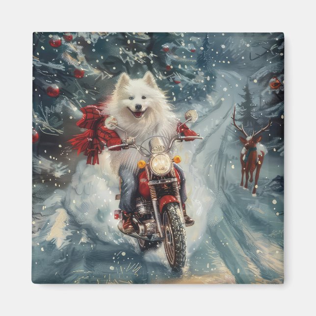 Imã Eskimo Americano Cão Andando na Motocicleta (Frente)