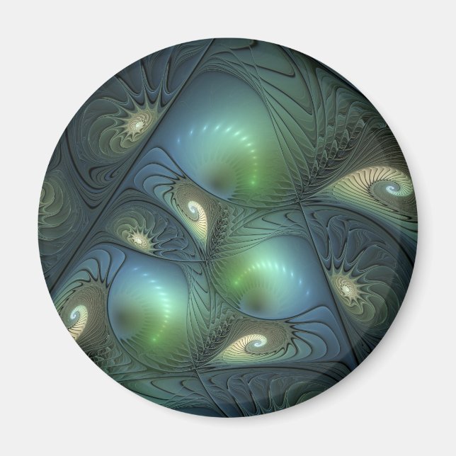 Imã Espirais Teal Beige Verde Abstrato Fractal (Frente)