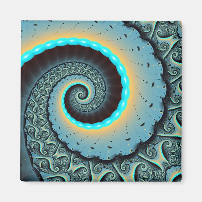 Imã Espiral de Arte Fractal Laranja abstrato azul Turq (Frente)