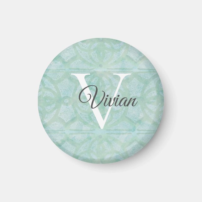 Imã Espuma do Mar Verde Aquarela Nome Monograma (Frente)