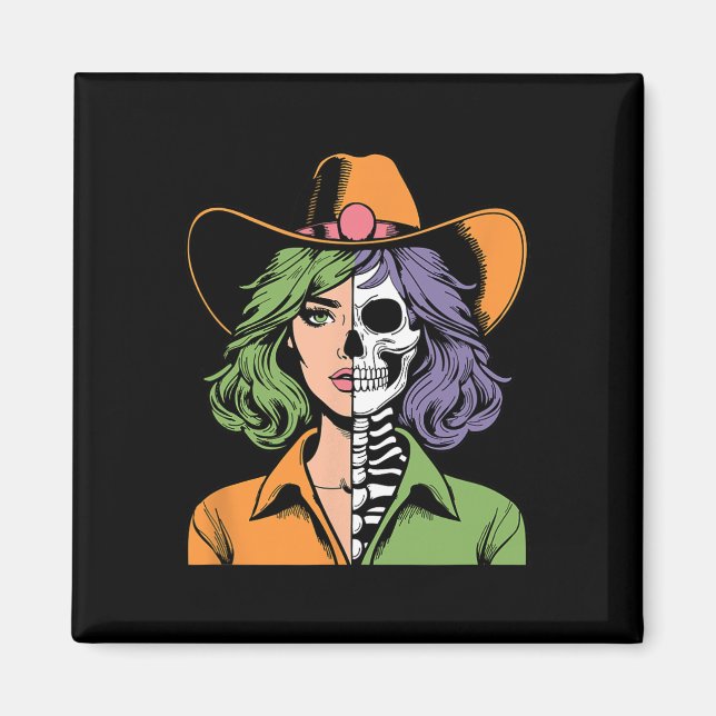 Imã Esqueleto de Cowgirl Halloween  (Frente)
