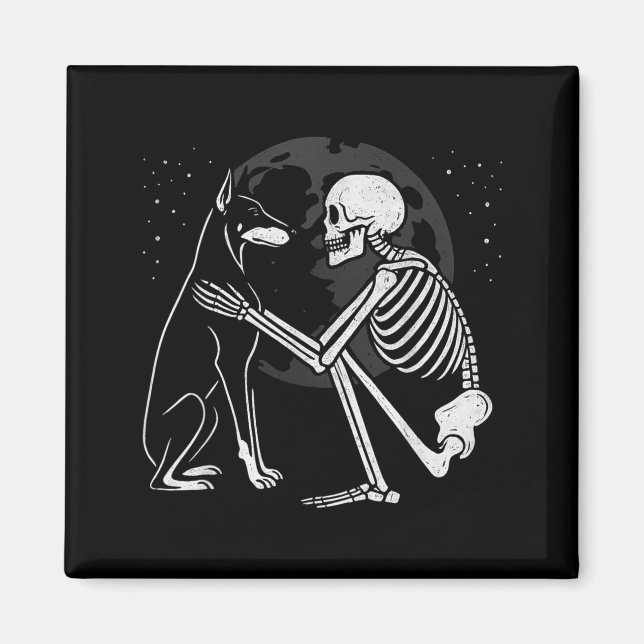 Imã Esqueleto de Pinscher Dobermann Lua Halloween Cach (Frente)