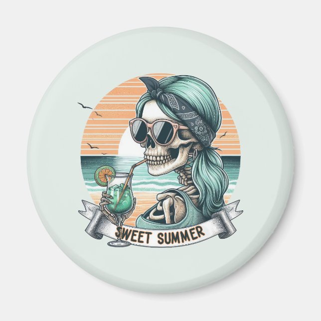 Imã Esqueleto de verão doce - Design de Sol retrô (Frente)