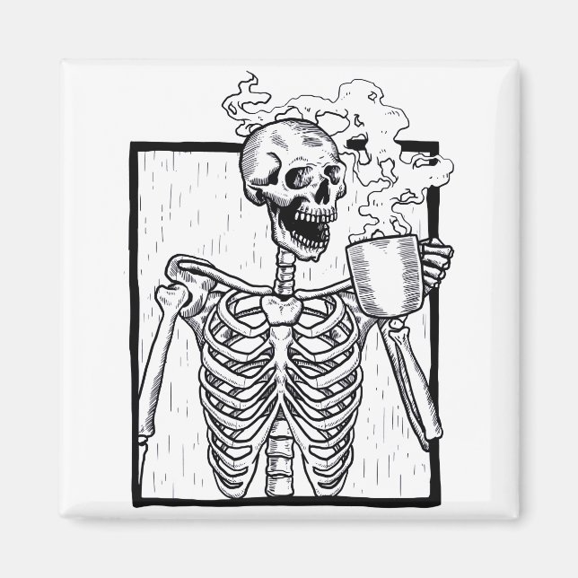 Imã esqueleto do bebendo de café halloween (Frente)