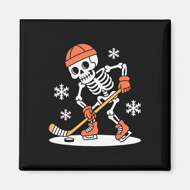 Imã Esqueleto Engraçado de Hóquei no Gelo de Halloween (Frente)