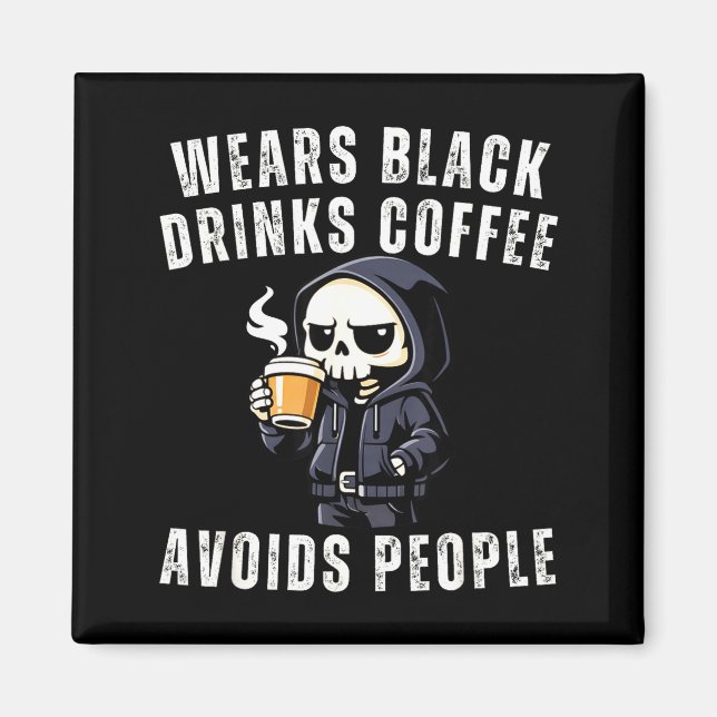 Imã Esqueleto engraçado usa preto bebe café evitaFun (Frente)