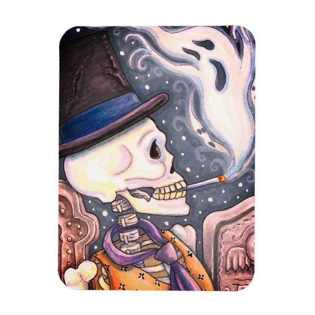 ÍMÃ ESQUELETO FUMADOR COM FANTASMAS NO CEMITÉRIO SPOOK (Vertical)