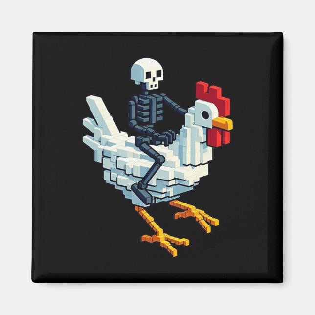 Imã Esqueleto Montando Frango Estilo Bloco Pixel Art G (Frente)