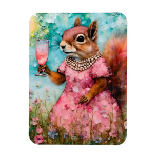 Ímã Esquilo com um vestido cor-de-rosa e uma bebida