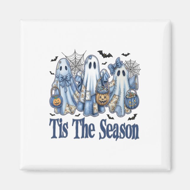 Imã Esta É A Época Blue Patchwork Ghost Pumpkin Spooky (Frente)