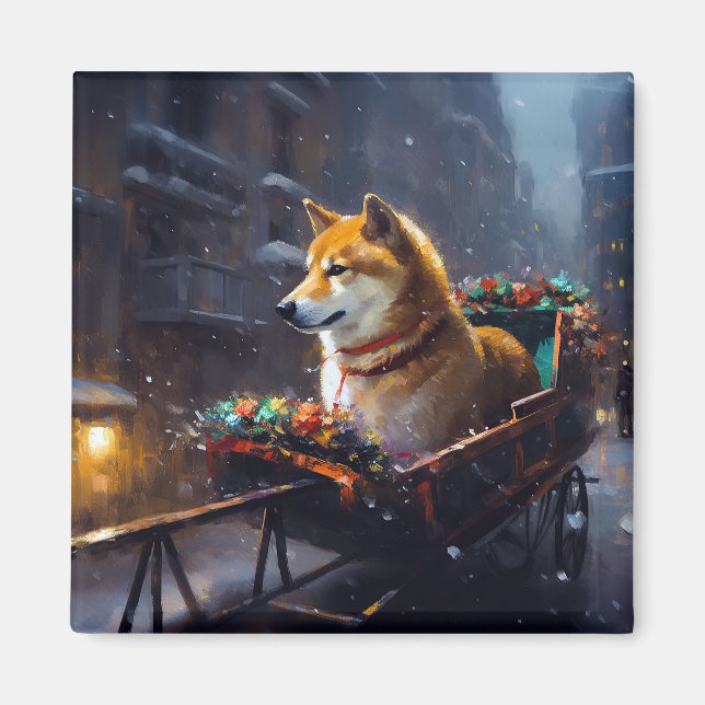 Imã Estação Festiva de Natal Shiba Inu (Frente)