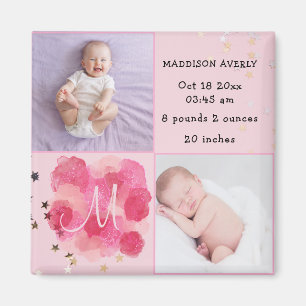Imã Estatísticas de Nascimento de Bebê Menina Monogram