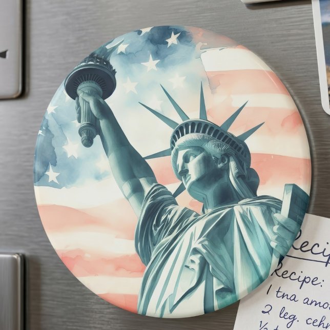 Imã Estátua da Liberdade em aquarela com bandeira amer (Watercolor Statue of Liberty with American flag. Magnet)