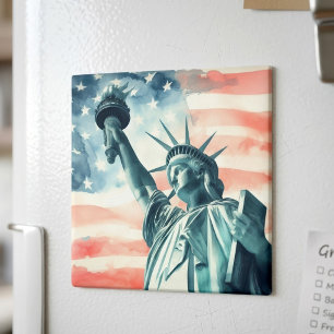 Imã Estátua da Liberdade em aquarela com bandeira amer