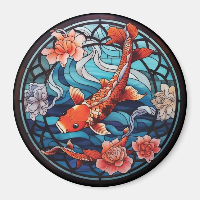 Imã Estilo de Vidro Asiático Koi Fish e Camellias (Frente)