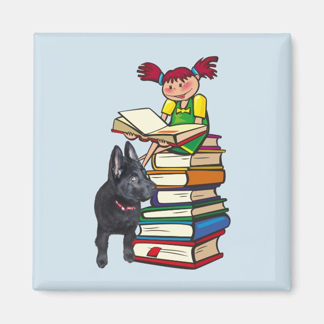 Imã Estudo Buddy Puppy com School Girl on Books, ZKOA (Frente)