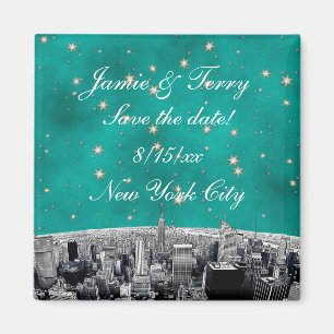 Imã Etched NYC Skyline 2 Teal Gold Star Salvar Data