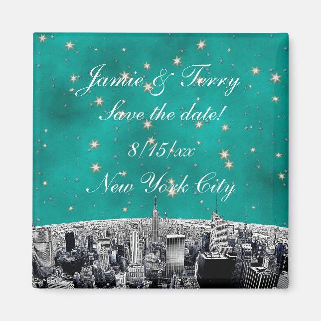 Imã Etched NYC Skyline 2 Teal Gold Star Salvar Data (Frente)