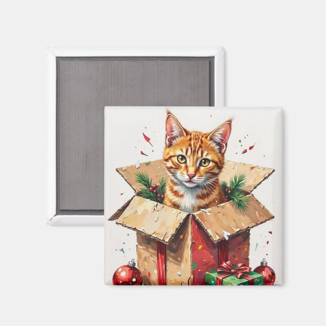 Imã Eu Ajudo a Desembalar! Gato Engraçado em Caixa de  (Front/Back)