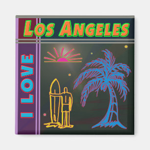 Imã "EU AMO Los Angeles" Sol, Palm Tree e Surfer Magne