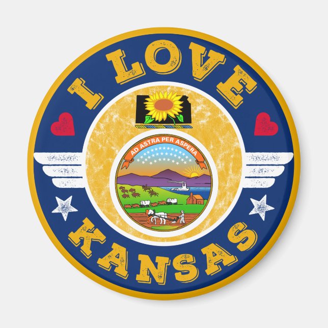 Imã Eu amo mapa e bandeira do Estado do Kansas (Frente)