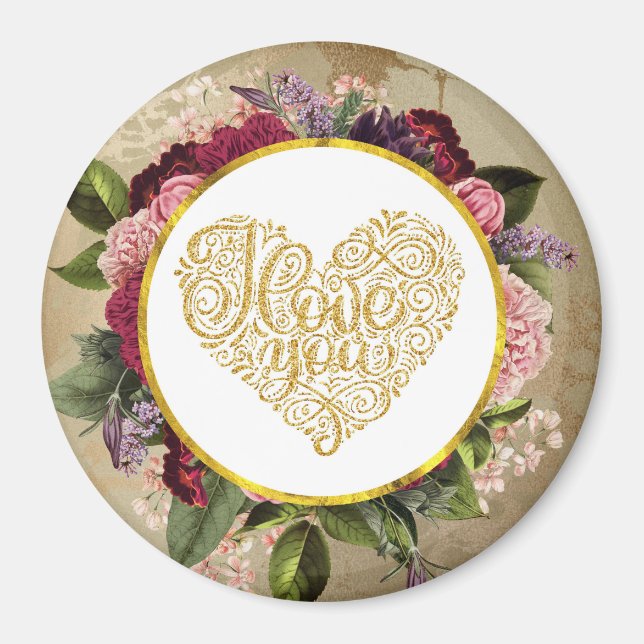 Imã Eu Amo Você Ouro Coração Rico com Quadro Floral (Frente)