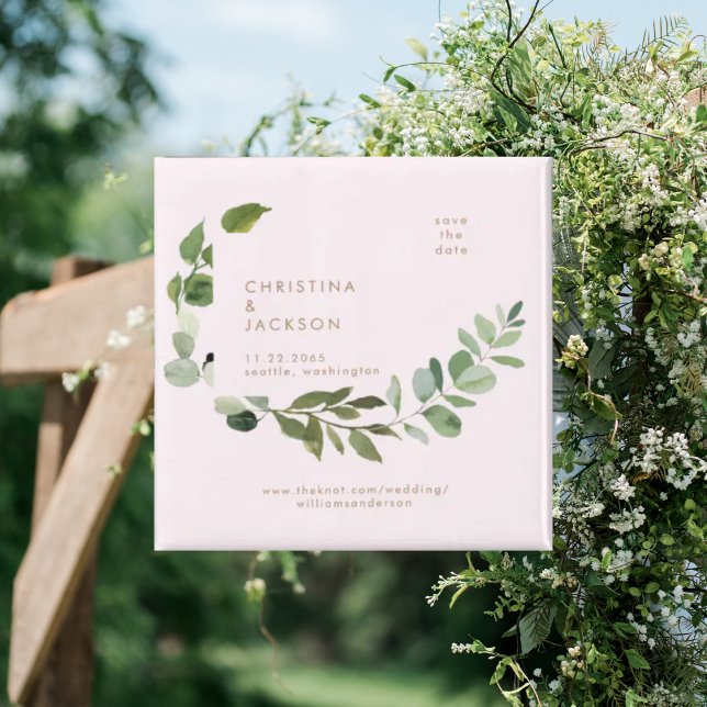 Imã Eucalyptus Blush Wedding Square Salve a Data (Criador carregado)