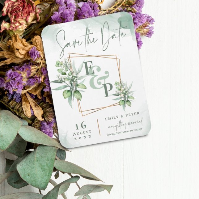 Ímã Eucalyptus deixa Dourada armação salva casamentos  (Eucalyptus Leaves Gold Frame Greenery Wedding Save the Date Magnet)