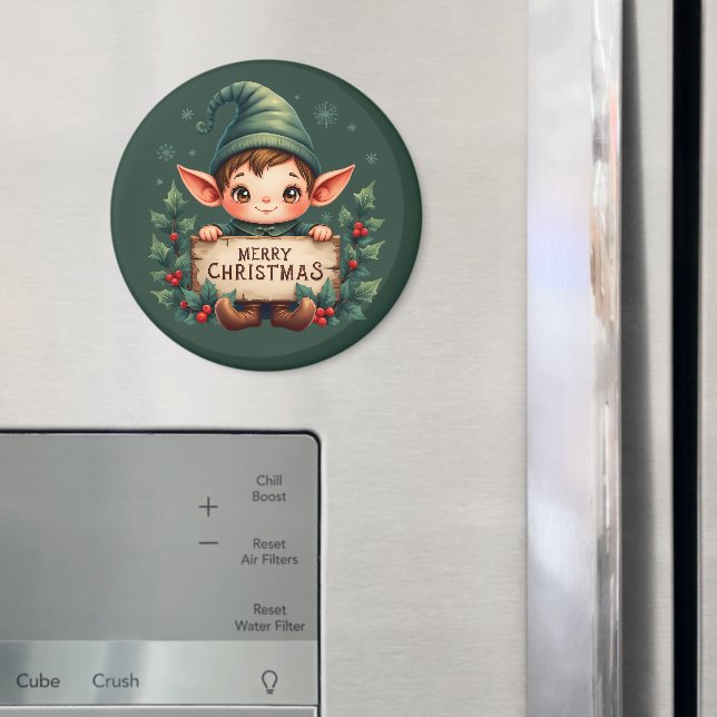 Imã Fada de Natal Fofo Segurando Placa Alegre Verde (In Situ (Fridge))