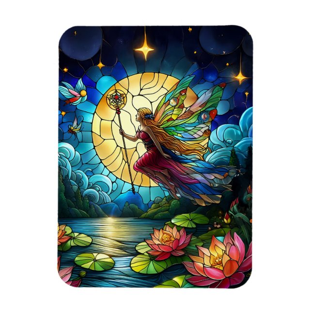 Ímã Fada do Voo ao Luar de Vitral (Vertical)
