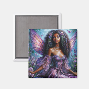 Imã Fada Negra Com Asas Roxas e Flores