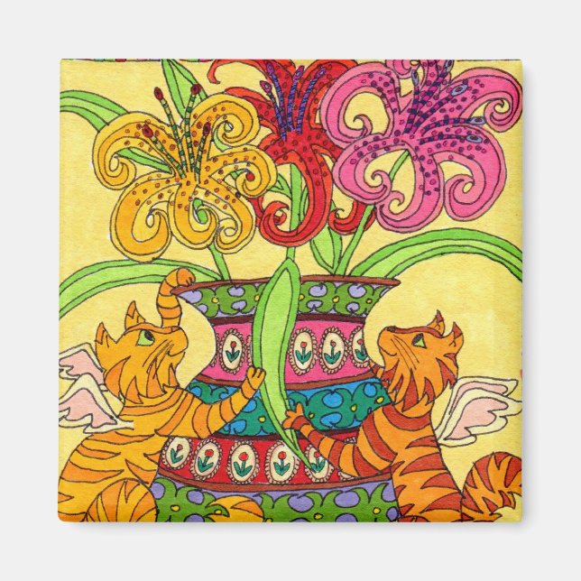 Imã Fadas de Gato com Vaso Ornamentado de Lírios (Frente)