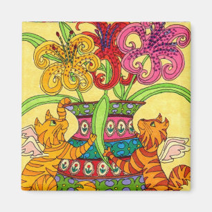 Imã Fadas do gato com o vaso ornamentado dos lírios