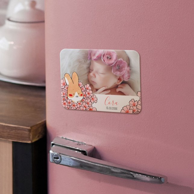 Ímã Faire-part naissance magnet Lapin et fleurs (Criador carregado)