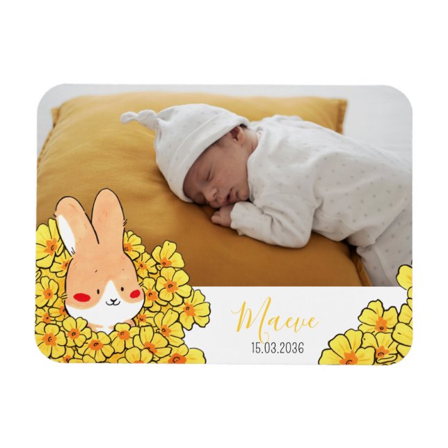 Ímã Faire-part naissance magnet Lapin et fleurs (Horizontal)